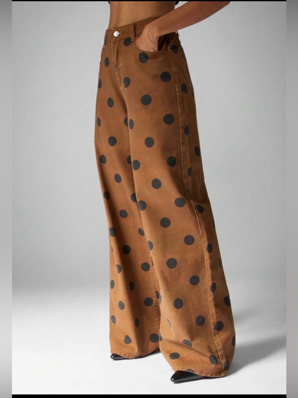 High-Rise Wide-Leg Polka Dot Jeans in Brown - Picture 2 of 8
